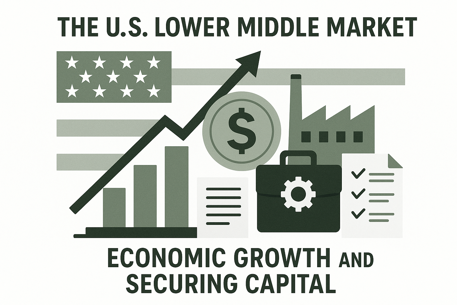 Illustration representing U.S. lower middle market economic growth and capital funding strategies in green, black, and white.