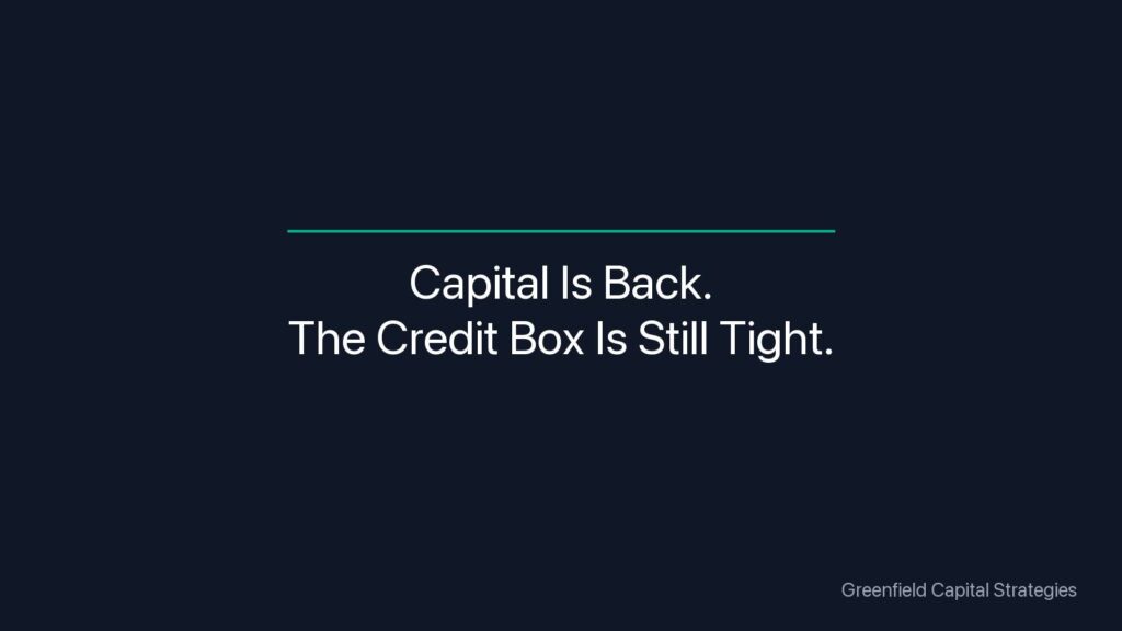 Dark navy graphic with the text: Capital Is Back. The Credit Box Is Still Tight.