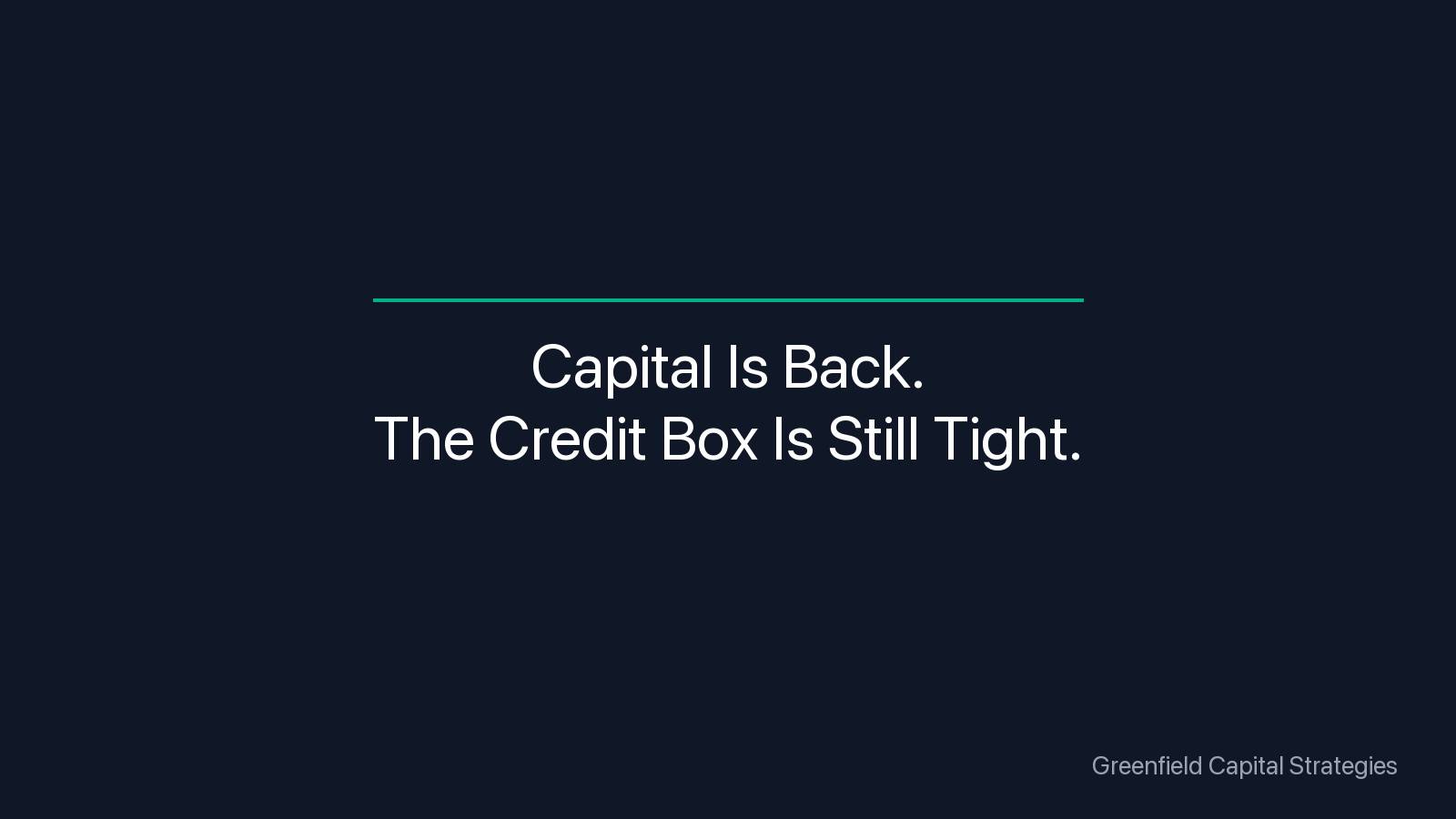 Dark navy graphic with the text: Capital Is Back. The Credit Box Is Still Tight.